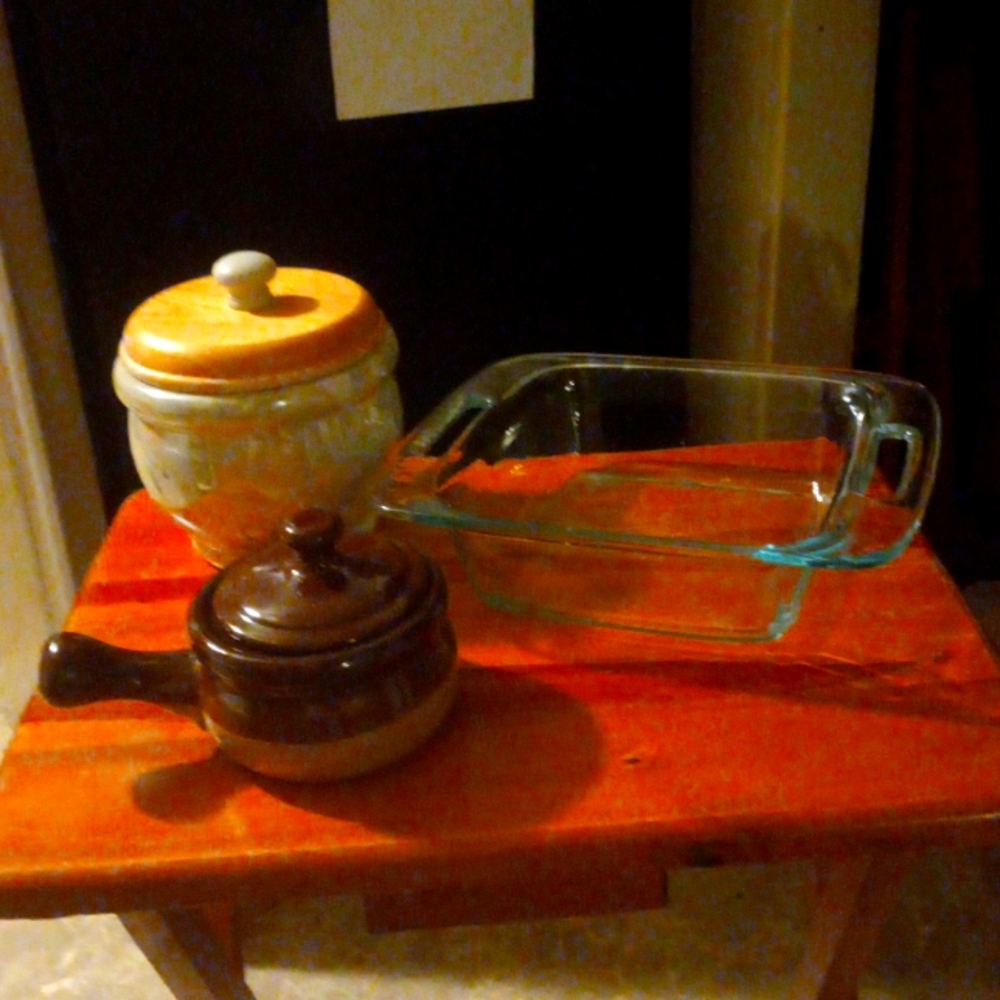 Pyrex baking dish, cookie jar and French onion pot